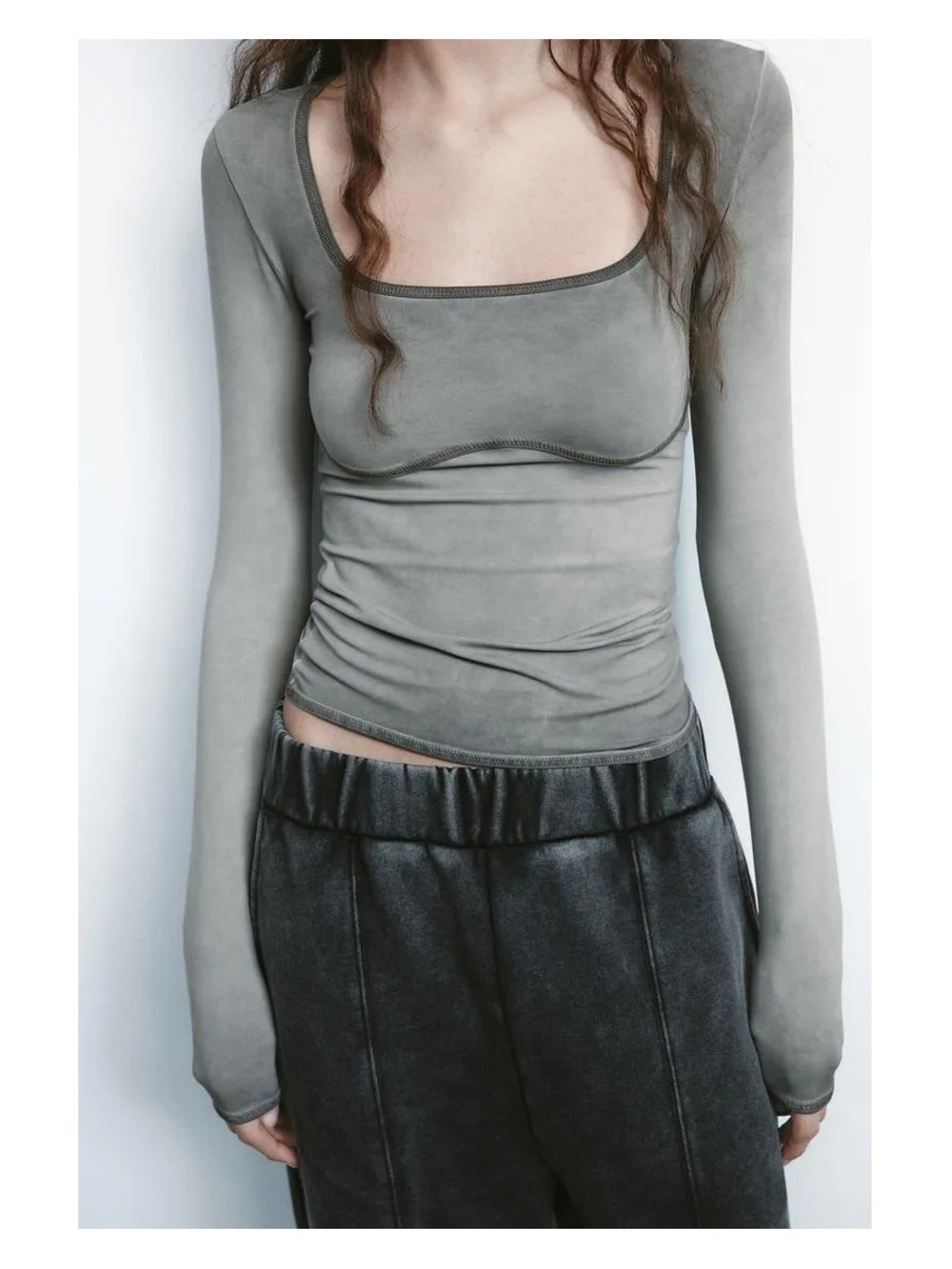 Zara Gray Square-Neck Long Sleeve Slim Top